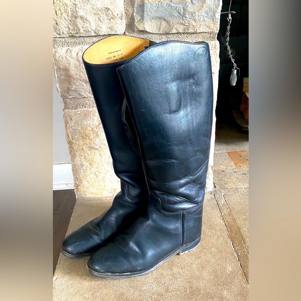 Vintage Hawkins handmade black leather riding boots with garter straps